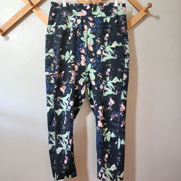POP Fit Pants - POP Fit Floral Print Activewear Leggings Navy Green Pink Women's 2XL